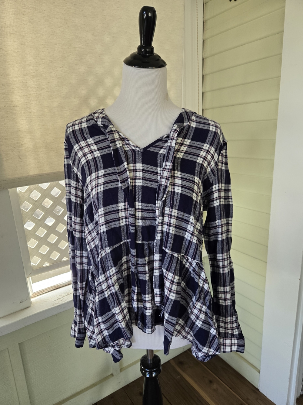 DownEast Navy and White Plaid Hooded Button-Front Top